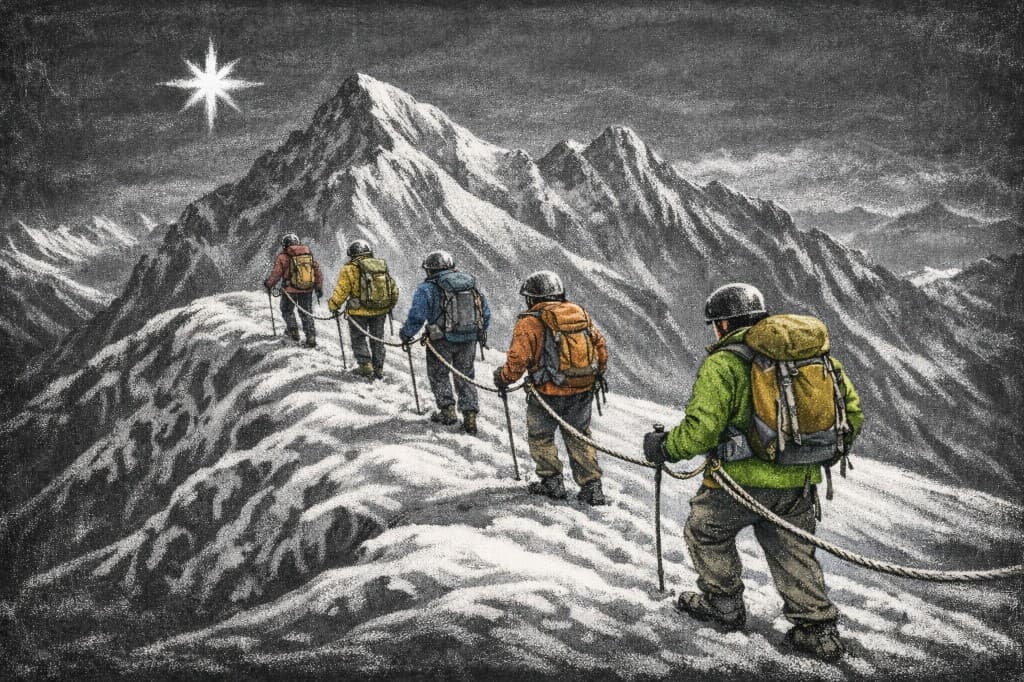 Team of mountaineers roped together on a snowy ridge