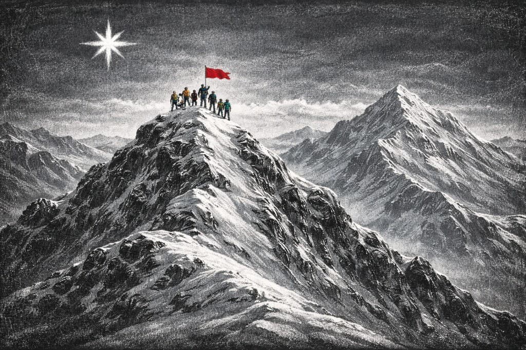 Mountaineers at the summit with a red flag under a starry sky